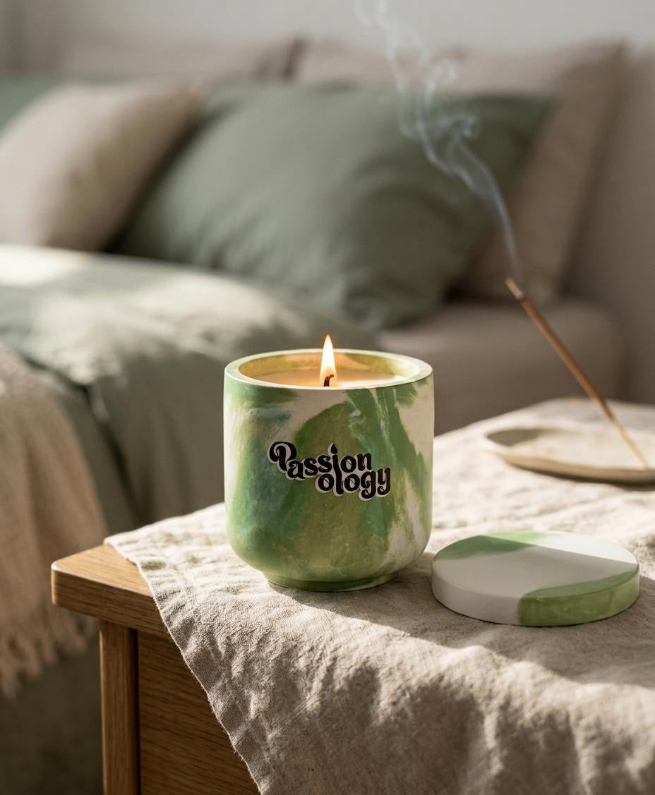 EMMA candle styled on bedside table