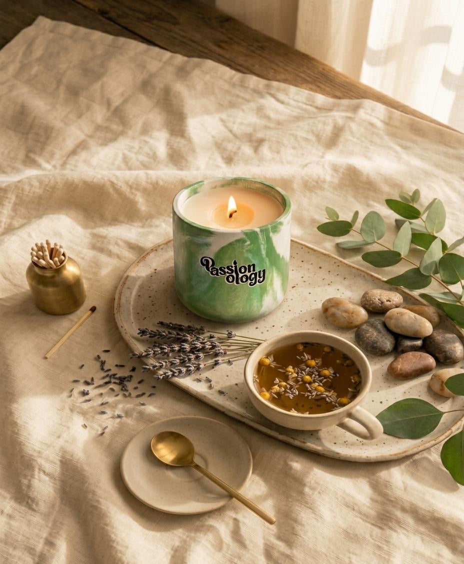 EMMA candle styled with eucalyptus and botanicals